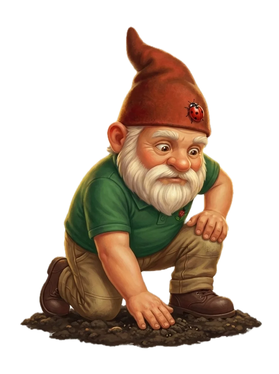 Gnome examining the soil